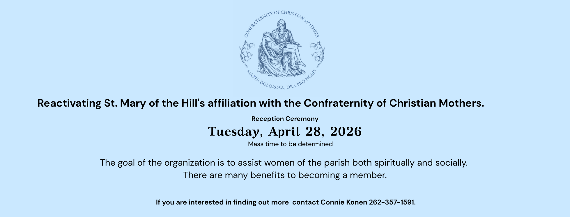 Reactivating St. Mary of the Hill's affiliation with the Confraternity of Christian Mothers. (1958 x 747 px)
